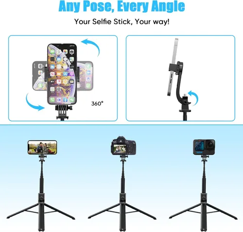 Vista 4 de Palo para selfie de 71" de altura con trípode cuádruple con control remoto y cabezal esférico de 360°, soporte extensible de aleación de aluminio