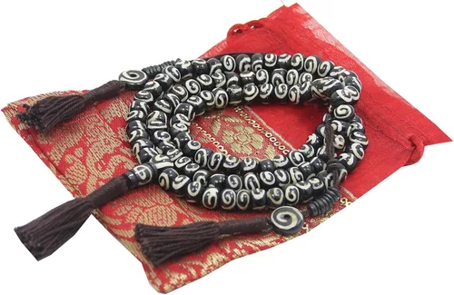 Vista 2 de DharmaObjects tibetano yogui oscuro hueso espiral 108 cuentas Mala collar contador libre de seda bolsa