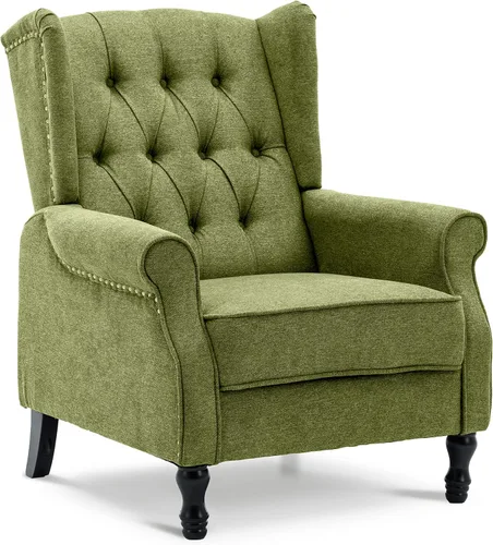 Vista 20 de Artechworks Silla decorativa moderna de tela alada, silla de club con brazos copetudos, sofá individual de lino con patas de madera, cómoda tapizada