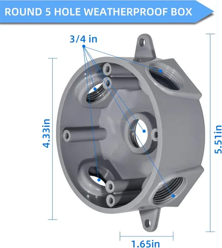 Vista 2 de Caja de Salida Eléctrica Redonda, Resistente a la Intemperie 5 Agujeros-1/2 o 3/4 pulgadas Caja de Salida Eléctrica, Listado UL, Caja de Conexiones