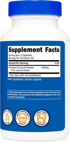 Vista 5 de Nutricost Carbón activado de 520 mg, 120 cápsulas – Polvo premium, sin OMG y sin gluten