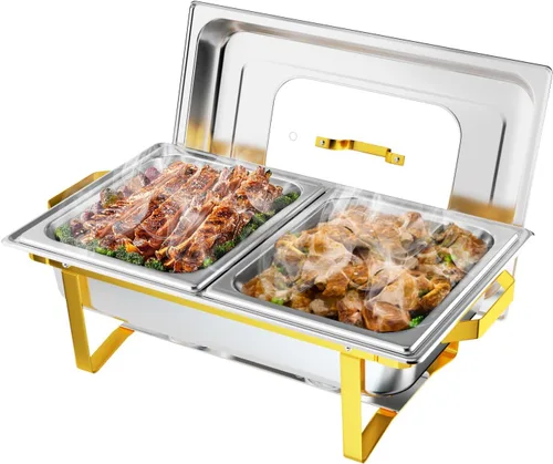 Vista 13 de ROVSUN Platos dorados para bufé, juego de bufé de 9 cuartos con tapa de vidrio, servidores y calentadores de bufé de acero inoxidable con marco