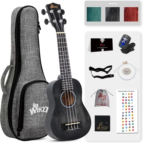 Serie WINZZ HAND RUBBED - Ukelele soprano de 21 pulgadas vintage hawaiano con clases en línea, bolsa, afinador, correa, cuerdas extra, adhesivo para