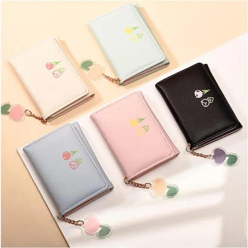 Vista 2 de Billetera de tulipán, mini billetera de piel sintética con diseño de tulipán, con bloqueo RFID, con triple cremallera, con ranura para tarjeta