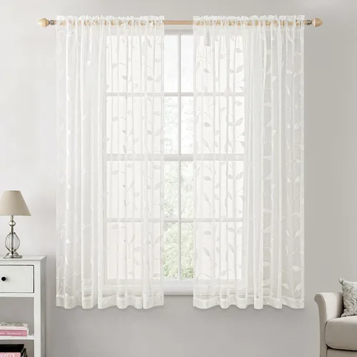Vista 27 de MIULEE Cortinas traslúcidas beige 2 paneles bordados con estampado de hojas, bolsillo para barra, floral, semitransparentes, de lino sintético