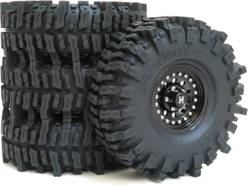 HOBBYSOUL RC 1.9 Mud Slingers Neumáticos suaves pegajosos 4.724 in / 4.72 pulgadas y ruedas Beadlock de metal pesado 1.9 llantas negras para Traxxas
