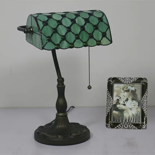 Vista 4 de Bankers Lamp Green Tiffany Antique Table Vintage Glass Retro with Pull Switch E27 Bedside Office Light for Desk Livingroom