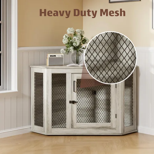 Vista 7 de PUKAMI Muebles de jaula para perros de esquina de 44 pulgadas, muebles de madera para perreras con malla, casa decorativa de madera para perros