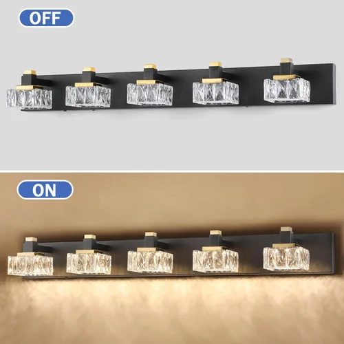 Vista 4 de SineRise Luces de tocador de baño sobre espejo, 5 luces regulables 5CCT, luces LED de tocador de cristal negro y dorado, aplique de pared