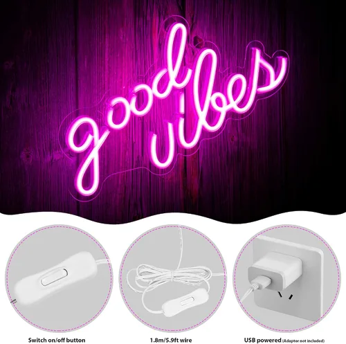 Vista 6 de Olekki Letrero de neón Blue Good Vibes – Letreros LED de neón para decoración de pared, luces de neón para dormitorio, letreros de pared de neón Azul