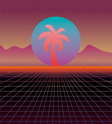 Vista 2 de Ambesonne Synthwave Duvet Cover Set, 80's Scene Retrowave Design with Palm Silhouette on Abstract Sun and Squares, Decorative 3 Piece Bedding Set