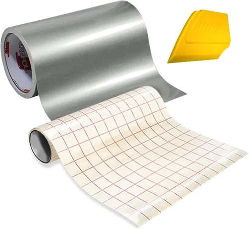 ORACAL 651 Rollo de vinilo adhesivo metálico plateado de alto brillo con rollo de papel de transferencia de 12 x 24 pulgadas y escobilla de goma