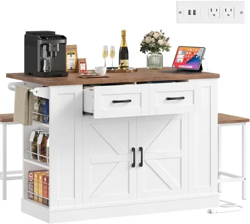 Vista 10 de Keyluv Isla de almacenamiento de cocina con 2 taburetes, carrito de cocina móvil de 51 pulgadas con hoja de caída y toma de corriente, mesa de isla
