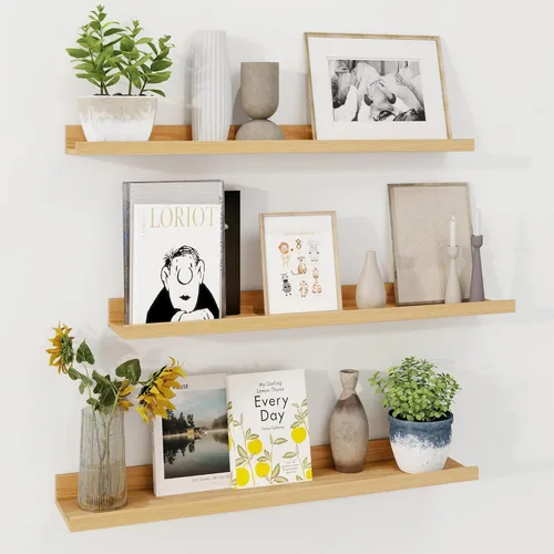 Vista 22 de Axeman Estante de repisa para cuadros Juego de 3 estantes flotantes negros de 16 pulgadas Estantes de pared de madera rústica con borde