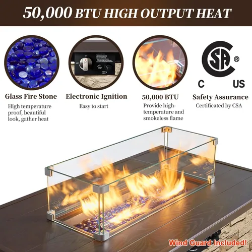 Vista 2 de Mesa de Hoguera de Propano PIZZELLO de 43 Pulgadas al Aire Libre, Mesa de Fuego Rectangular de Piedra para Exteriores, Mesa de Hoguera de 50,000 BTU