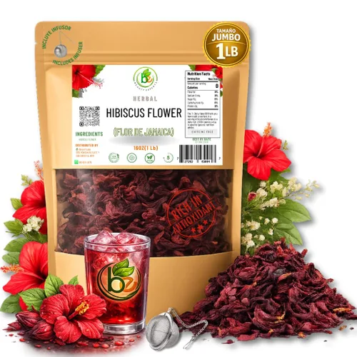 Jamaica Flor - Té de hibisco de hojas sueltas 100% natural - 16 onzas (1 libra) - Pétalos de flores de hibisco secos - Sin cafeína - Rico en