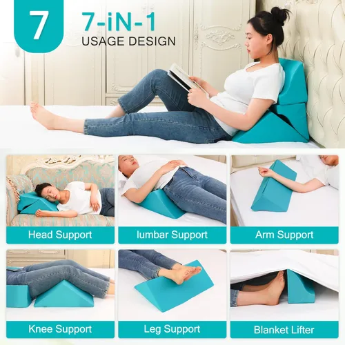 Vista 6 de Almohada de cuña lateral 3 en 1, almohada de cuña para aliviar el dolor de espalda, cuñas de espuma para colocar en la cama, cuñas de Verde