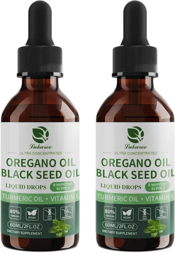 Vista 10 de Aceite de orégano con aceite de semilla negra, gotas de aceite de orégano 4 en 1 con aceite de cúrcuma y vitamina E, 80% Carvacrol, inmune