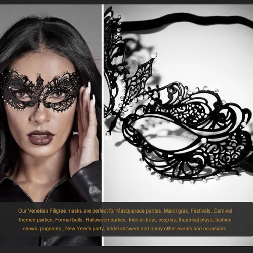 Vista 17 de Máscara de mascarada para mujer, estilo veneciano, con diamantes de imitación brillantes, para fiesta, de metal