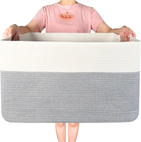 Vista 10 de MINTWOOD Design Canasta de Manta Extra Grande de 22 Pulgadas para Sala de Estar, Canasta de Almacenamiento de Cuerda Tejida Rectangular con Asas