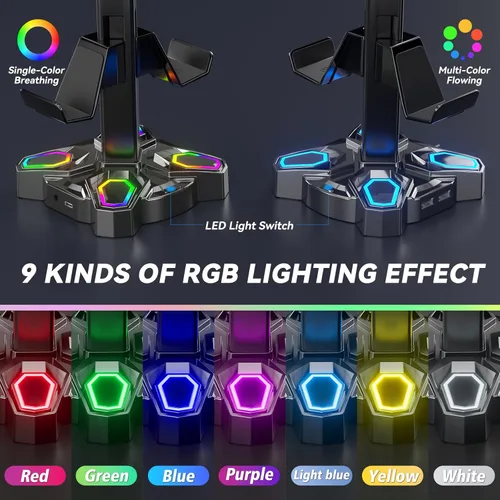 Vista 3 de KDD Soporte para auriculares RGB para juegos, soporte giratorio para auriculares con 9 modos de luz, soporte para controlador con 2 puertos de carga