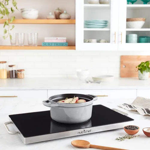 Vista 4 de NutriChef Placa caliente de acero inoxidable: mantén la comida caliente con bandeja eléctrica portátil para alimentos con tapa de vidrio negro