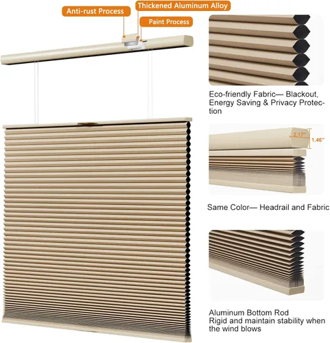 Vista 4 de Persilux Persianas opacas sin cordones para ventanas, persianas celulares sin cordones, persianas de acordeón con panal de abeja, persianas