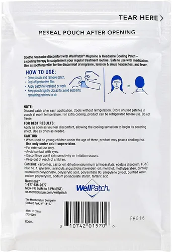 Vista 3 de WellPatch Almohadillas refrescantes para el dolor de cabeza, migraña 4 almohadillas en un paquete. (Paquete de 6) = 24 almohadillas