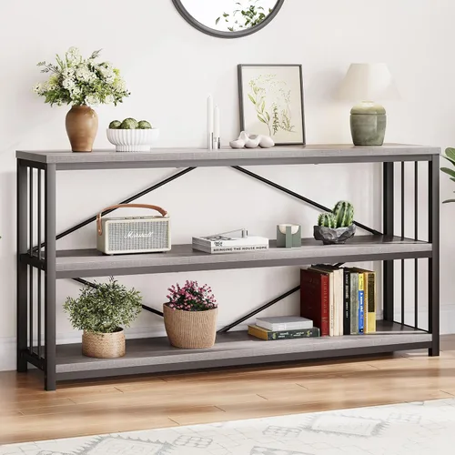 Vista 22 de LVB Mesa consola industrial, mesa de sofá de metal y madera, mesa de entrada rústica con almacenamiento, moderno estante de 3 niveles mesa larga