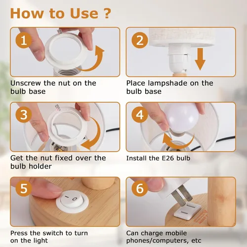 Vista 8 de Lámpara pequeña de mesa de noche con toma de corriente AC, base de madera natural y pantalla de lino, mini lámpara boho linda y acogedora de mesita