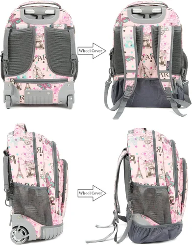 Vista 5 de Tilami Mochila con ruedas de 18 pulgadas con estuche escolar para niños y niñas, Caballo rosa, Computadora portátil