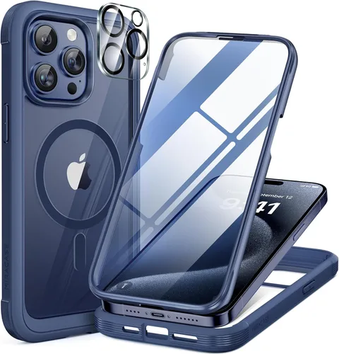 Vista 247 de Miracase Funda magnética para iPhone 14 de 6.1 pulgadas, protector de pantalla de vidrio templado integrado + protector de lente, compatible