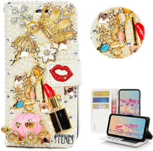 Vista 28 de STENES Bling Wallet - Funda para teléfono compatible con Samsung Galaxy Z Fold 3 5G, elegante, hecha a mano, 3D, hecha a mano, ballet, pintalabios