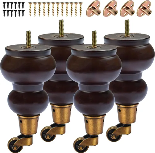Vista 10 de Patas de madera para muebles de 4 pulgadas con ruedas giratorias, paquete de 4 patas redondas de madera maciza negra clásica de repuesto
