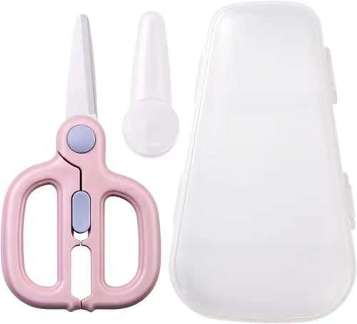 Tijeras de comida para bebés con estuche de viaje, tijeras de cerámica para alimentos para niños, tijeras para niños pequeños con bloqueo de