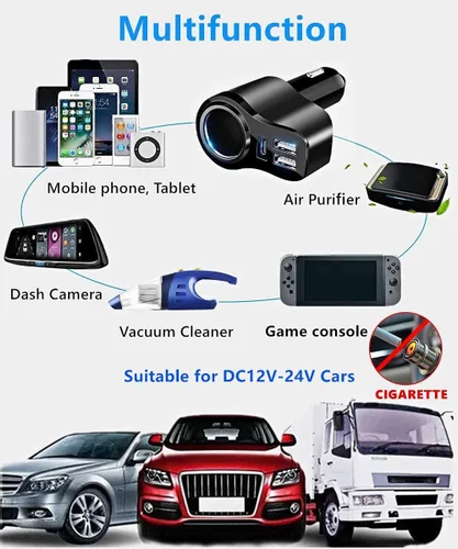 Vista 5 de Cargador de coche USB C 4 en 1, adaptador de encendedor de cigarrillos multi USB de 168 W, divisor de enchufe con 3 puertos USB, 12 V/24 V, doble