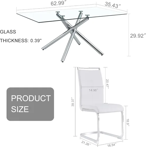 Vista 3 de Ebullient Juego de mesa de comedor de cristal de 63 pulgadas para 6 mesas de comedor modernas con parte superior de vidrio templado con 6 sillas