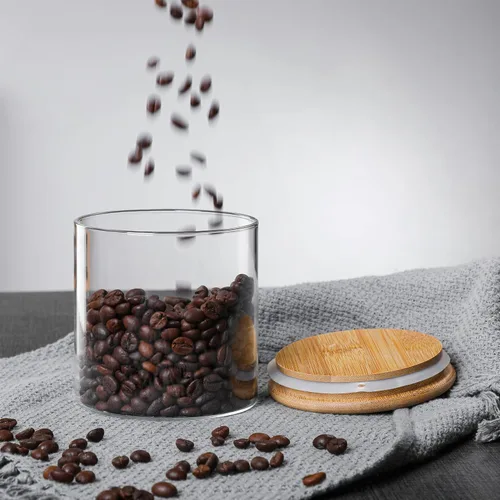 Vista 9 de MOLFUJ Contenedor de almacenamiento de vidrio de 18.6 fl oz / 18 onzas líquidas con tapa de madera, organizador decorativo transparente apilable