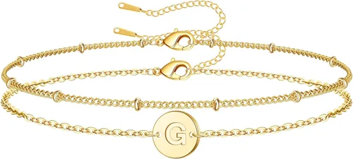 Vista 12 de Pulseras de oro para mujeres y niñas, regalos – Pulsera chapada en oro de 18 quilates, pulsera con inicial de monograma de disco delicado con dije