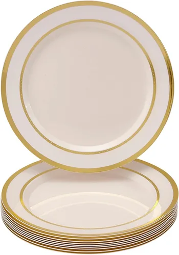 Vista 2 de Silver Spoons Platos desechables resistentes, 10 platos llanos desechables, 10.25 pulgadas, color blanco con platos de borde plateado, colección Ritz