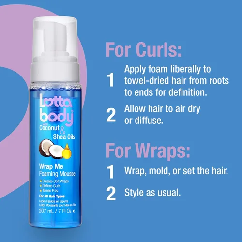 Vista 8 de Lottabody Mousse en espuma con aceite de coco y manteca de karité Wrap Me, crea envoltorios suaves, mousse para cabello rizado, define rizos