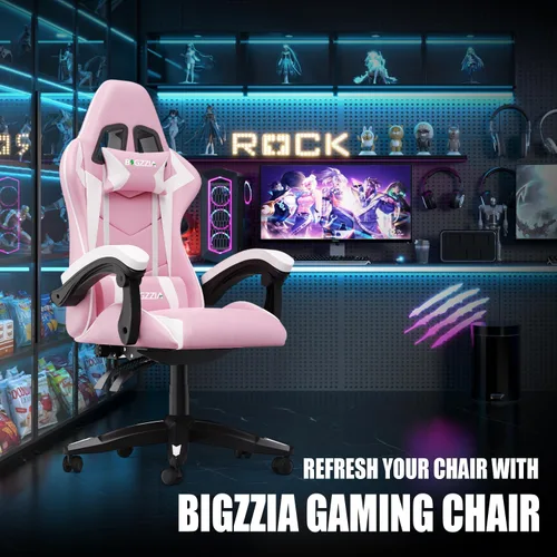 Vista 28 de Bigzzia Silla de videojuegos, sillas ergonómicas de videojuegos con almohada y soporte lumbar, silla de computadora ajustable en altura