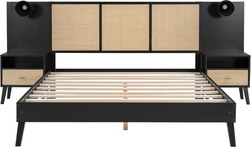Vista 7 de Harper & Bright Designs Cama de plataforma tamaño Queen con 2 mesitas de noche y 2 lámparas, cama Queen de madera con cabecero, combinación de ratán