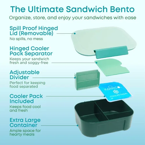 Vista 2 de KARRICO Lonchera a prueba de fugas, caja Bento de 3 compartimentos, paquete refrigerante y divisor ajustable, extra grande y sin BPA, apta para Verde