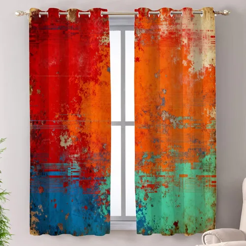 Vista 58 de Shrahala Beige and Orange Abstract Art Brushstrokes Tier Curtains for Kitchen Windows, Abstract Oil Paint Cafe Curtain Multilayer Polyester Blackout