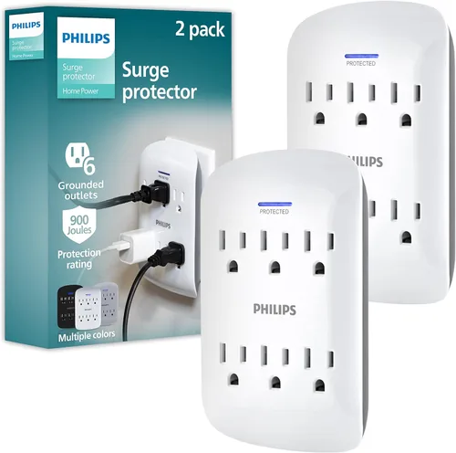Vista 8 de Philips Protector contra sobretensiones extensor de 6 enchufes, adaptador de pared, 900 julios, 3 clavijas, diseño que ahorra espacio, luz LED