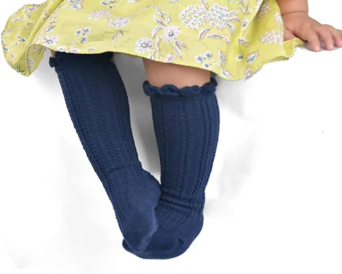 Vista 4 de Epeius - Calcetines altos de algodón para bebés y niñas, de uniforme, calcetas con vuelos (Paquete de 3 o 5)
