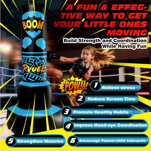 Vista 2 de FONESO Saco de boxeo inflable independiente para niños de 3 a 12 años, bolsa de boxeo resistente de 67 pulgadas con guantes de boxeo y bomba de aire