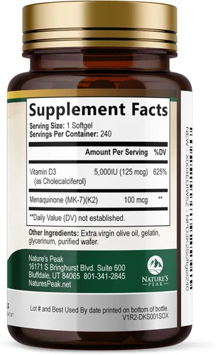 Vista 9 de Vitamina D3 K2 - Vitamina D3 5000 UI por cápsula blanda - Suplemento de vitamina D3 de alta potencia - Complejo 2 en 1 Vitamina D y vitamina K2