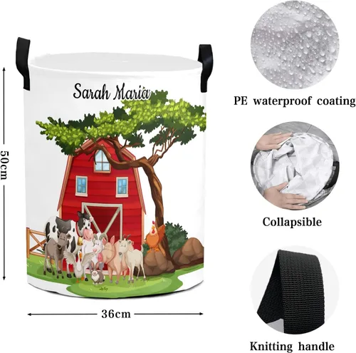 Vista 5 de Cesta de lavandería personalizada con diseño de animales de granja, asa redonda de almacenamiento, impermeable, plegable, de gran capacidad